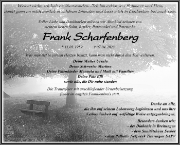 Traueranzeige von Frank Scharfenberg von Südthüringer Presse
