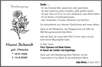 Traueranzeige von Hanni Schmidt von Südthüringer Presse