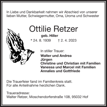 Traueranzeige von Ottilie Retzer von Frankenpost