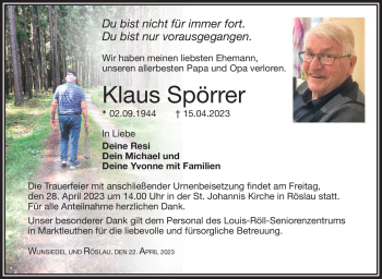 Traueranzeige von Klaus Spörrer von Frankenpost