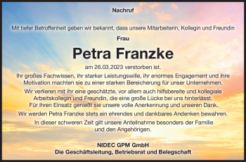 Traueranzeige von Petra Franzke von Südthüringer Presse