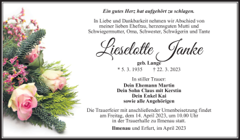 Traueranzeige von Lieselotte Janke von Südthüringer Presse