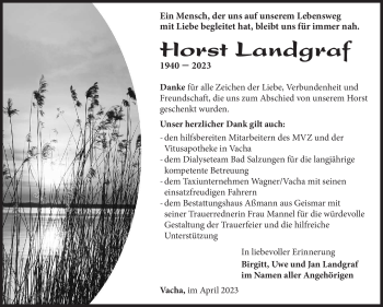 Traueranzeige von Horst Landgraf von Südthüringer Presse