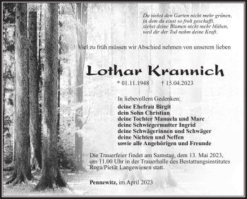 Traueranzeige von Lothar Krannich von Südthüringer Presse