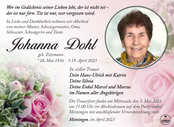 Traueranzeige von Johanna Dohl von Südthüringer Presse