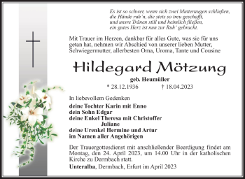 Traueranzeige von Hildegard Mötzung von Südthüringer Presse