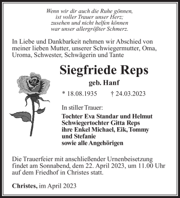 Traueranzeige von Siegfriede Reps von Südthüringer Presse