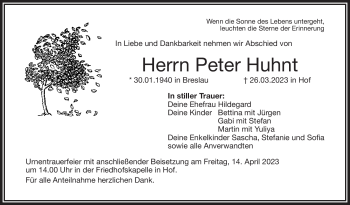 Traueranzeige von Peter Huhnt von Frankenpost