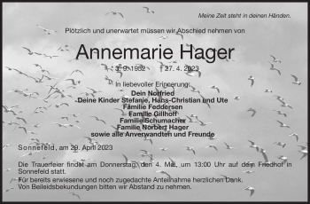 Traueranzeige von Annemarie Hager von Neue Presse Coburg