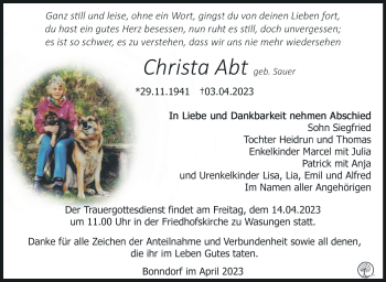 Traueranzeige von Christa Abt von Südthüringer Presse