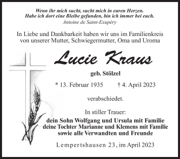 Traueranzeige von Lucie Kraus von Südthüringer Presse