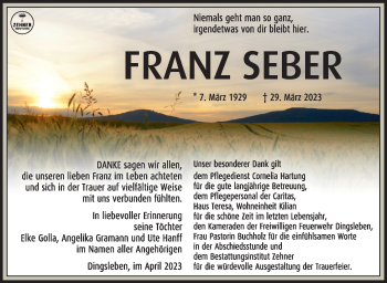 Traueranzeige von Franz Seber von Südthüringer Presse