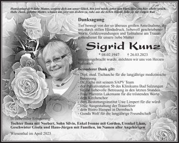 Traueranzeige von Sigrid Kunz von Südthüringer Presse