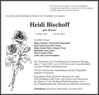 Traueranzeige von Heidi Bischoff von Südthüringer Presse