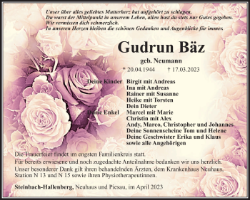 Traueranzeige von Gudrun Bäz von Südthüringer Presse