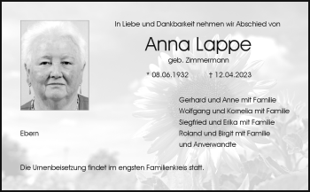 Traueranzeige von Anna Lappe von Neue Presse Coburg