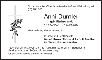 Traueranzeige von Anni Dumler von Frankenpost
