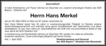 Traueranzeige von Hans Merkel von Frankenpost