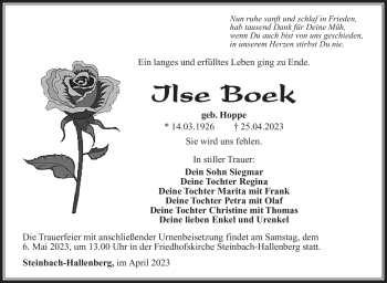 Traueranzeige von Ilse Boek von Südthüringer Presse