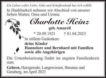 Traueranzeige von Charlotte Heinz von Südthüringer Presse