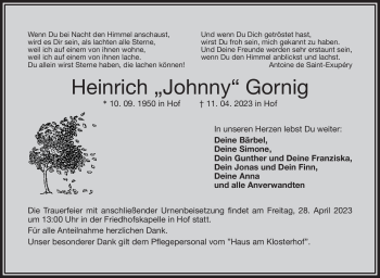 Traueranzeige von Heinrich Gornig von Frankenpost