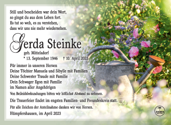 Traueranzeige von Gerda Steinke von Südthüringer Presse