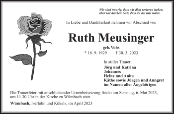 Traueranzeige von Ruth Meusinger von Südthüringer Presse