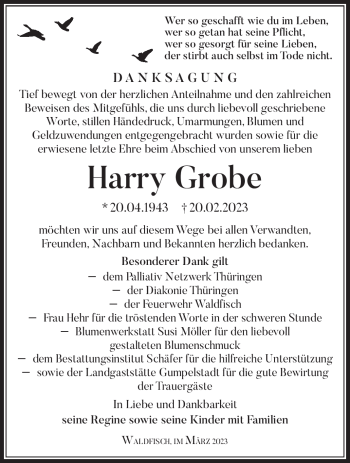 Traueranzeige von Harry Grobe von Südthüringer Presse