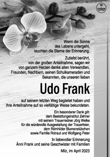 Traueranzeige von Udo Frank von Südthüringer Presse