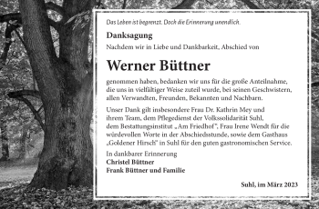 Traueranzeige von Werner Büttner von Südthüringer Presse