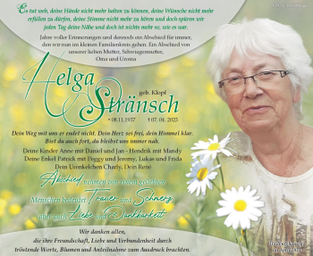 Traueranzeige von Helga Stränsch von Südthüringer Presse