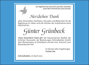 Traueranzeige von Günter Grünbeck von Südthüringer Presse