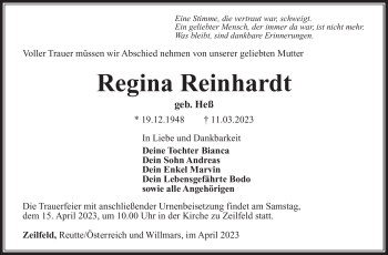 Traueranzeige von Regina Reinhardt von Südthüringer Presse