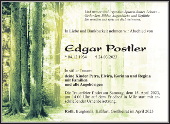 Traueranzeige von Edgar Postler von Südthüringer Presse