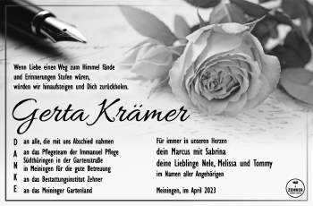 Traueranzeige von Gerta Krämer von Südthüringer Presse