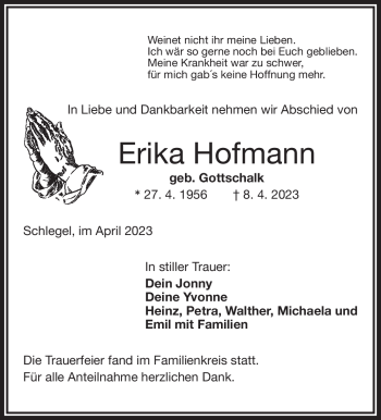 Traueranzeige von Erika Hofmann von Frankenpost