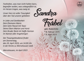 Traueranzeige von Sandra Fräbel von Südthüringer Presse