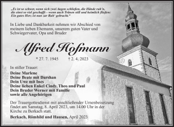 Traueranzeige von Alfred Hofmann von Südthüringer Presse
