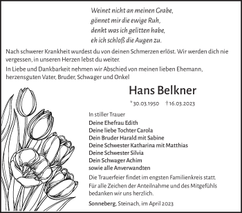 Traueranzeige von Hans Belkner von Südthüringer Presse