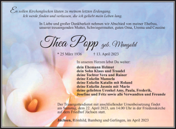 Traueranzeige von Thea Popp von Südthüringer Presse
