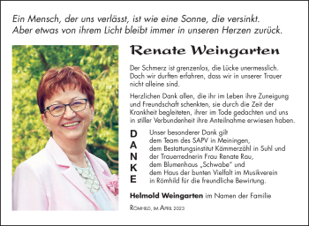 Traueranzeige von Renate Weingarten von Südthüringer Presse