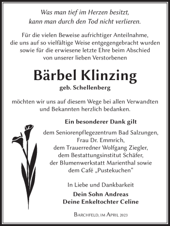 Traueranzeige von Bärbel Klinzing von Südthüringer Presse
