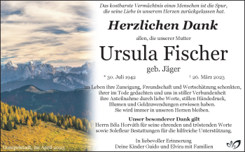 Traueranzeige von Ursula Fischer von Südthüringer Presse
