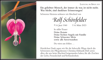 Traueranzeige von Rolf Schönfelder von Südthüringer Presse