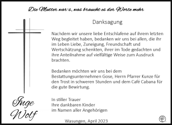 Traueranzeige von Inge Wolf von Südthüringer Presse