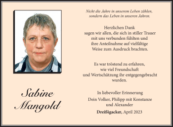 Traueranzeige von Sabine Mangold von Südthüringer Presse