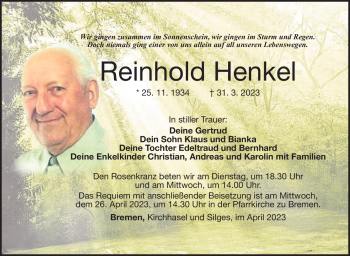 Traueranzeige von Reinhold Henkel von Südthüringer Presse