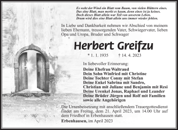 Traueranzeige von Herbert Greifzu von Südthüringer Presse