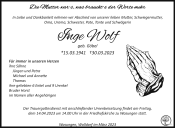 Traueranzeige von Inge Wolf von Südthüringer Presse