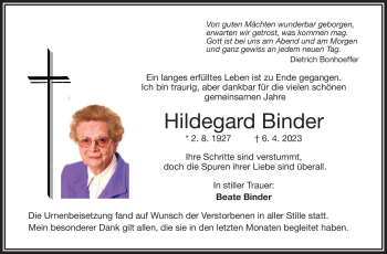Traueranzeige von Hildegard Binder von Frankenpost